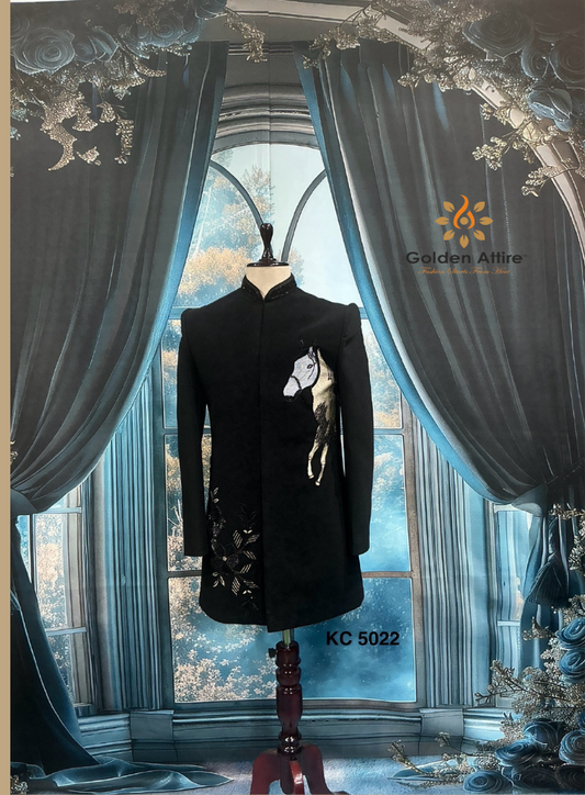 Black Indo-Western Sherwani for Groom, Horse Embroidery Zardozi Work
