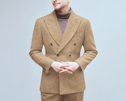 Classic Beige Tweed Double-Breasted Suit with Brown Buttons – Timeless Elegance & Superior Craftsmanship