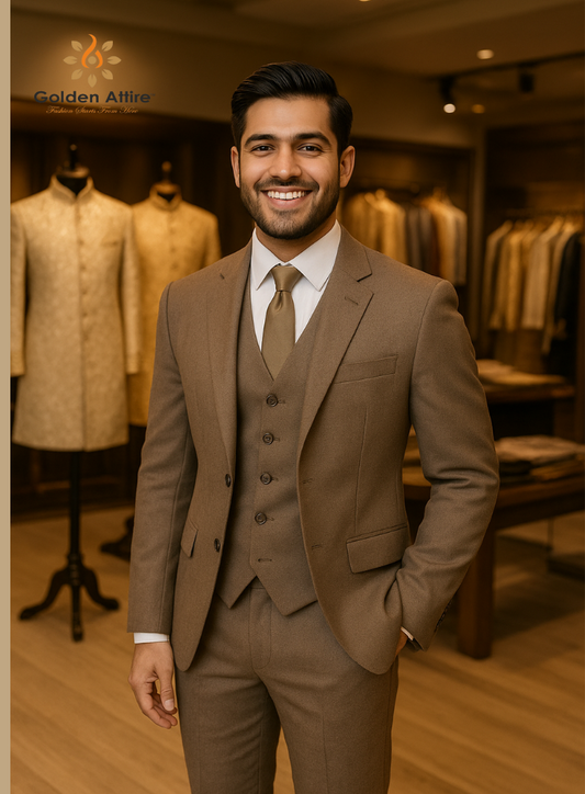 Men's Custom Brown Tweed 3-Piece Groom Suit, Comfortable Luxury Wedding Suits