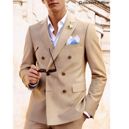 Beige Double-Breasted Suit for men with Brown Buttons