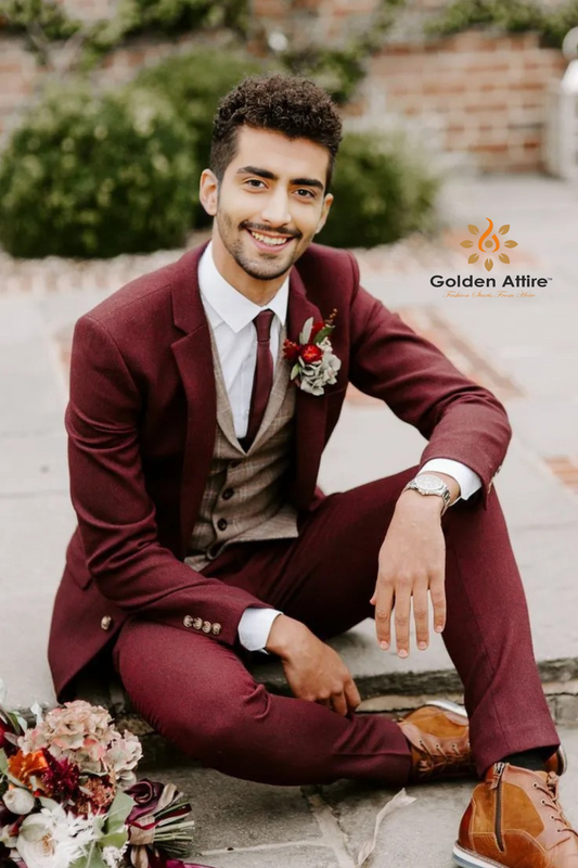 Burgundy Tweed Three-Piece Groom Suit Tailored & Customizable Suit