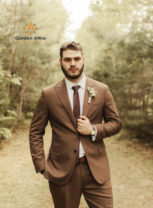 Chestnut Brown Tweed Groom Suit, Custom Two-Piece Wedding Suit, Cocoa Royale Wool Blend