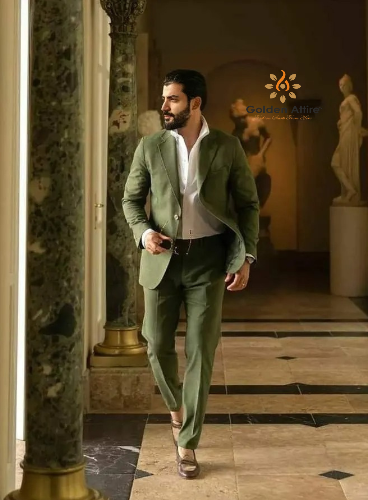 Custom Emerald Green Linen Groom Suit, Two-Piece Breathable Wedding Suit
