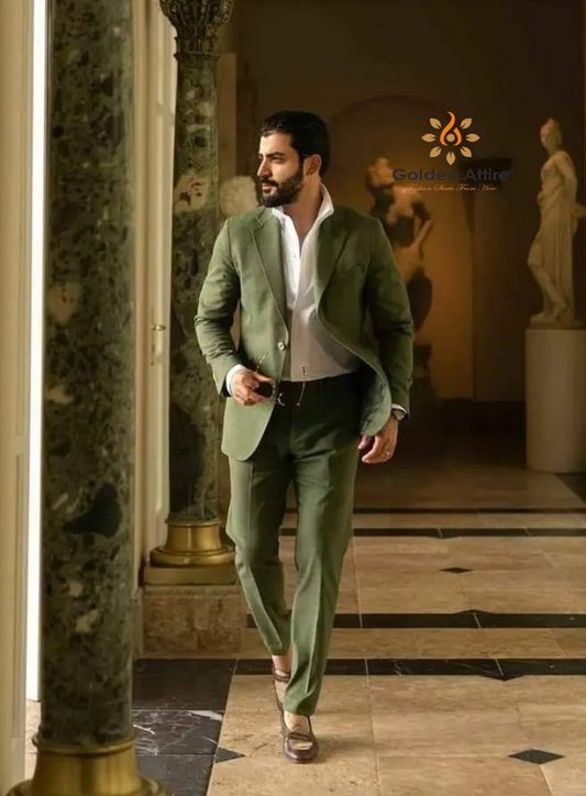 Custom Emerald Green Linen Groom Suit, Two-Piece Breathable Wedding Suit