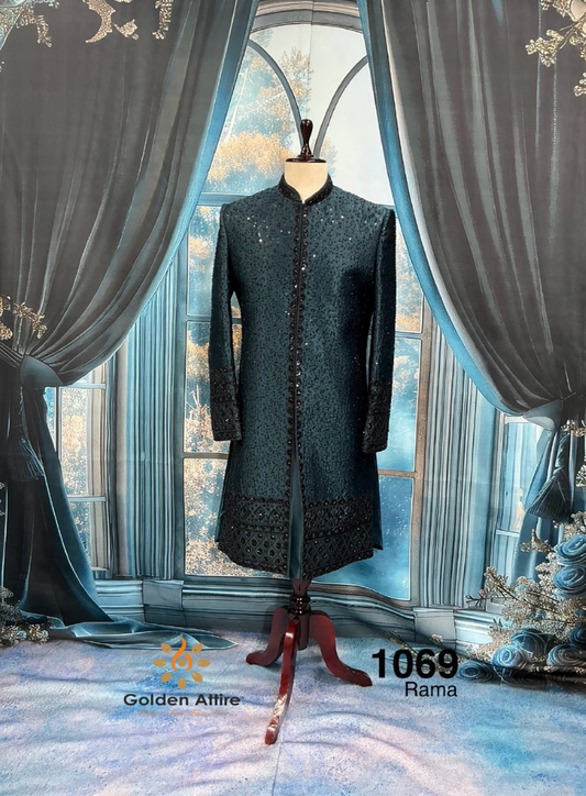 Rama Green Sherwani, Black Zardozi Embroidered Indo-Western Groom Outfit