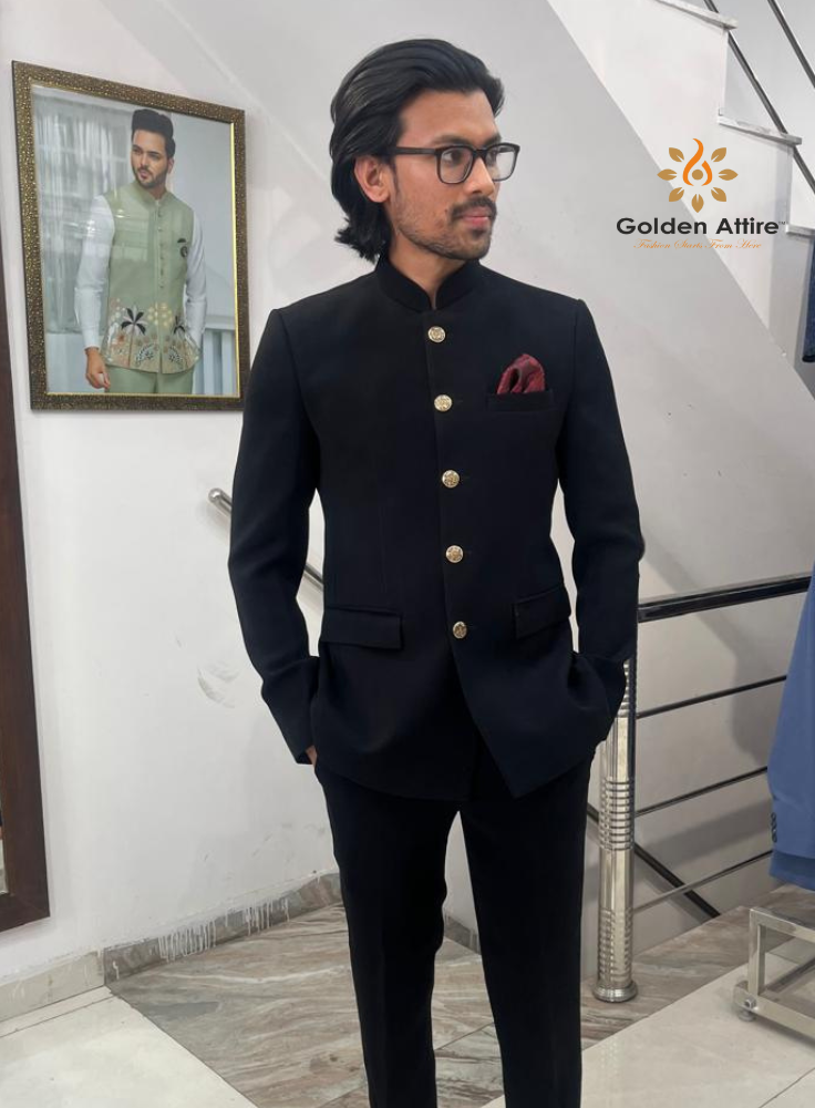 Black Bandhgala Suit , Elegant Jodhpuri Suits Custom Fit
