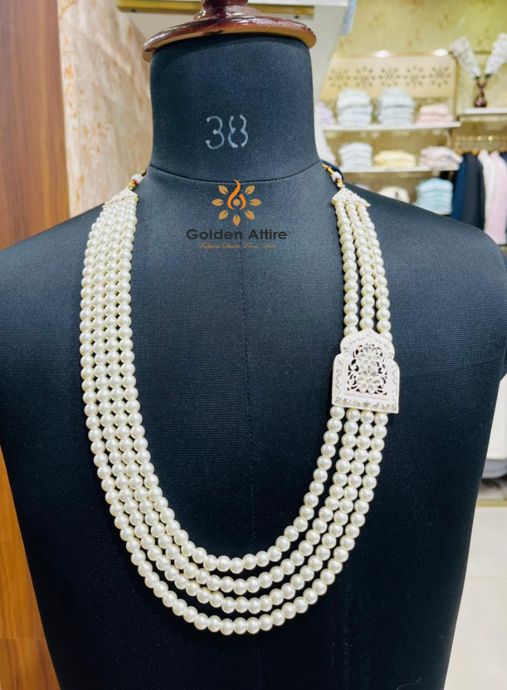 Ivory Pearl Mala for Groom, Kantha Work & Stone Brooch, Wedding Necklace