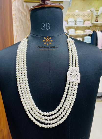 Ivory Pearl Mala for Groom, Kantha Work & Stone Brooch, Wedding Necklace