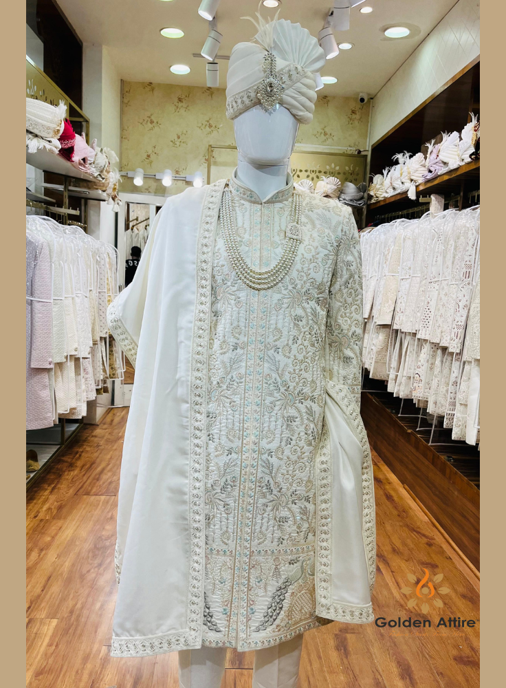 Luxury Ivory Groom Sherwani, Traditional Indian Sherwani Wedding Outfit