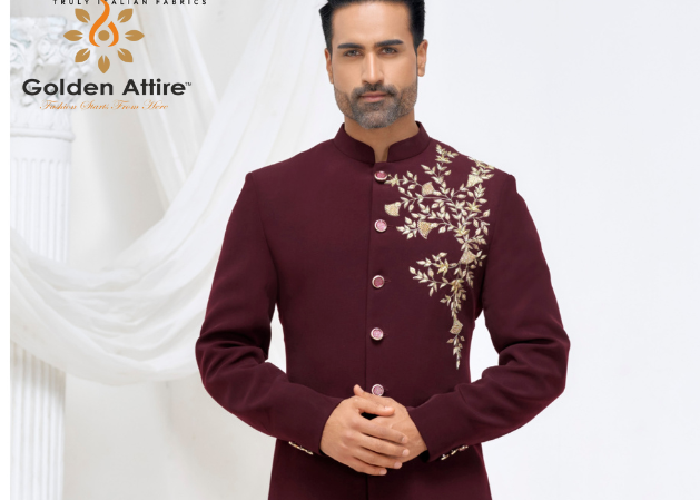 Maroon Sherwani for Groom, Zardozi & Thread Embroidered Indo-Western Sherwani, Wrinkle-Free Fabric