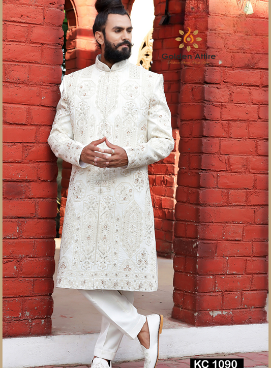 Warm White Groom Sherwani Zardozi & Thread Embroidery Customizable Sherwani