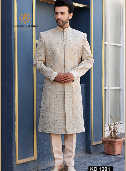 Rose Gold Groom Sherwani Latest Zardozi & Thread Embroidery