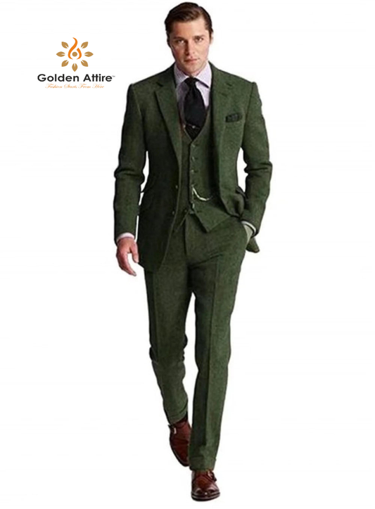 Emerald Tweed 3-Piece Wedding Suit, Premium Wool Groom Attire