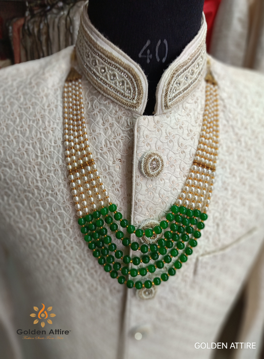 5-Layer Pearl Groom Necklace for Wedding, Green Ivory Kantha Mala with Gold Stone