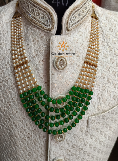 5-Layer Pearl Groom Necklace for Wedding, Green Ivory Kantha Mala with Gold Stone