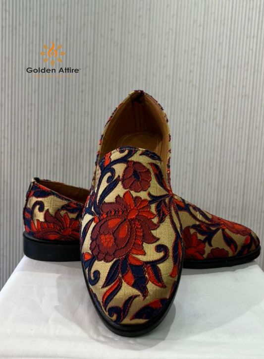 Beige & Red Multicolor Elegant Groom Loafers, Premium Sherwani Wedding Shoes
