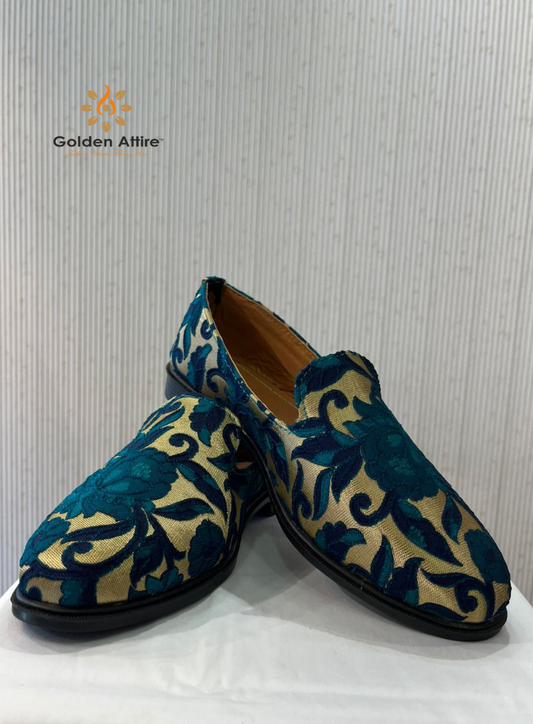 Handmade Beige & Green Mojari Loafers, Indian Groom Wedding Shoes for Sherwani