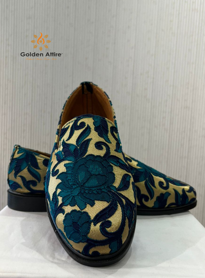 Handmade Beige & Green Mojari Loafers, Indian Groom Wedding Shoes for Sherwani