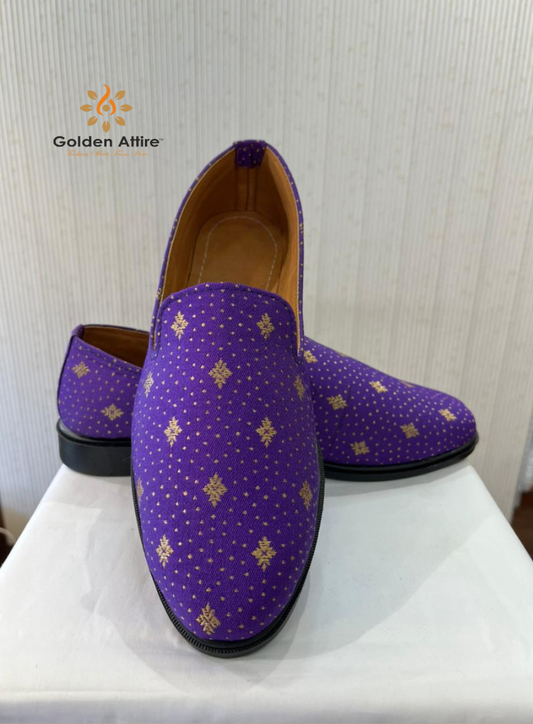 Handmade Indian Wedding Mojari Loafers for Men | Purple & Beige Elegant Groom Shoes for Sherwani