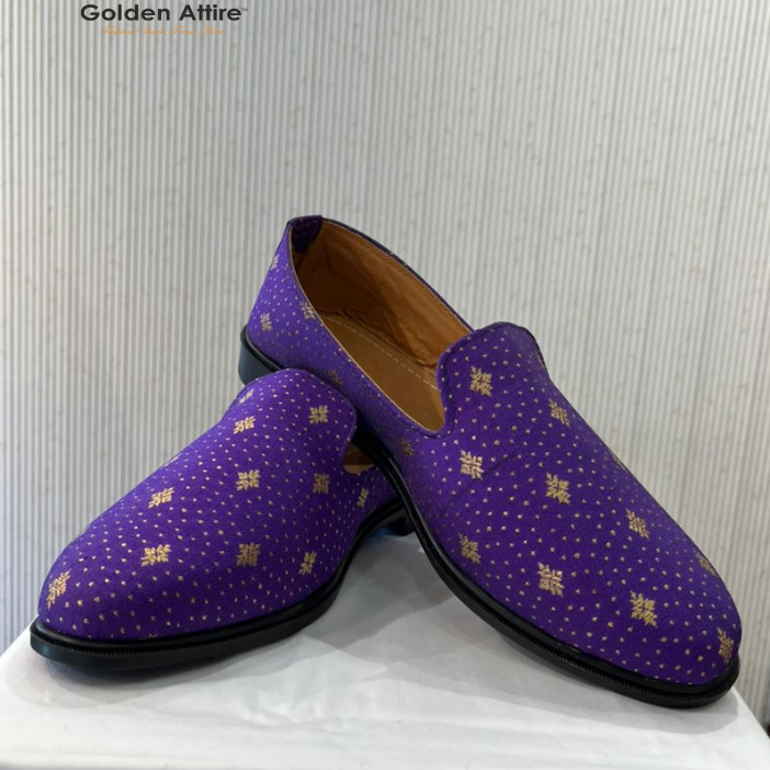 Handmade Indian Wedding Mojari Loafers for Men | Purple & Beige Elegant Groom Shoes for Sherwani