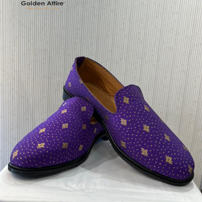 Handmade Indian Wedding Mojari Loafers for Men | Purple & Beige Elegant Groom Shoes for Sherwani