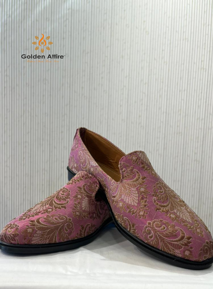 Dusty Rose Handmade Mojari Loafers, Elegant Groom Shoes for Sherwani, Men's Wedding Loafers