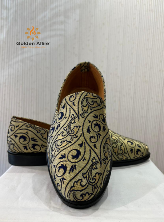 Handmade Beige & Navy Blue Mojari Loafers for Groom, Elegant Sherwani Shoes