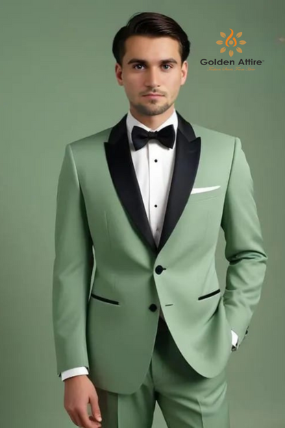 Sage Green Two Piece Suit with Black Lapel and Black Buttons