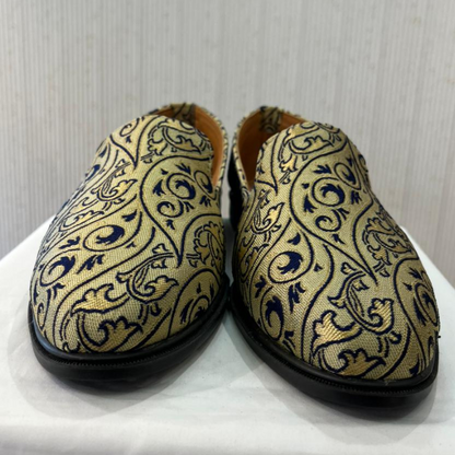 Handmade Beige & Navy Blue Mojari Loafers for Groom, Elegant Sherwani Shoes