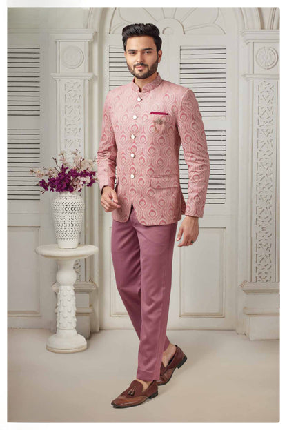 Dusty Rose Velvet Bandhgala Suit for Men Custom Made Groom Suit