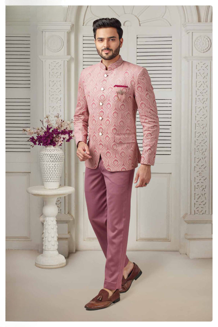 Dusty Rose Velvet Bandhgala Suit for Men Custom Made Groom Suit