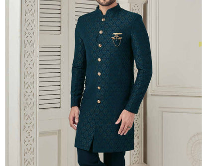 Golden Attire | Regal Peacock Blue Indo-Western Groom Achkan | Luxe Jacquard Terry Rayon Fabric | Customizable Design