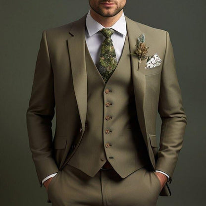 Golden Attire | Bespoke Dark Olive Green Three Piece Suit in Terry Rayon Fabric Customizable Luxury with White Shirt & Green Tie