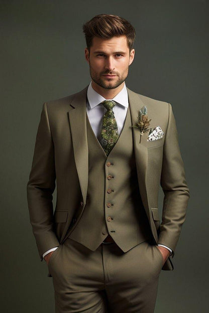 Golden Attire | Bespoke Dark Olive Green Three Piece Suit in Terry Rayon Fabric Customizable Luxury with White Shirt & Green Tie