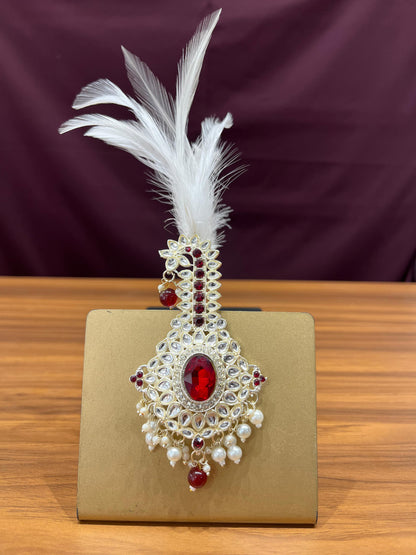 Ivory Groom Turban Brooch Kalangi & Inbuilt Maroon Diamond | Free Worldwide Shipping | Golden Attire