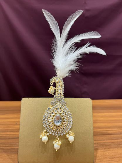 Golden Attire Beige Kundan Kalangi & Kalgi Set | Premium Stone Turban Pin | Sikh Groom Accessory