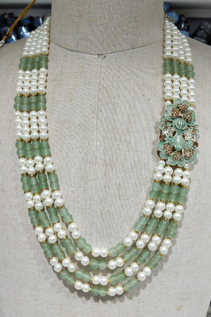 Sage Green Indian Groom Pearl Mala | 4-Layered Kantha Brooch Necklace | Stone Detailing | Sherwani Accessory