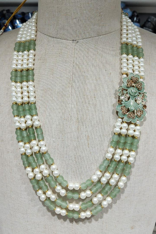 Sage Green Indian Groom Pearl Mala | 4-Layered Kantha Brooch Necklace | Stone Detailing | Sherwani Accessory