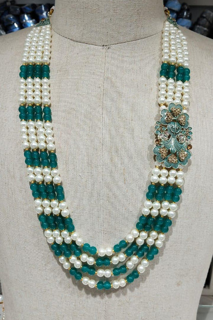Golden Attire Green Stone detailing Brooch & 4 Layered Pearl Mala Set | Latest Indian Groom Necklace for Sherwani