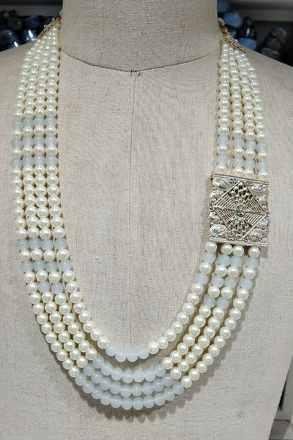 Grey Kantha Kundan Mala | 4 Layered Pearl Necklace with Stone Detailing Brooch | Indian Groom Sherwani Jewelry