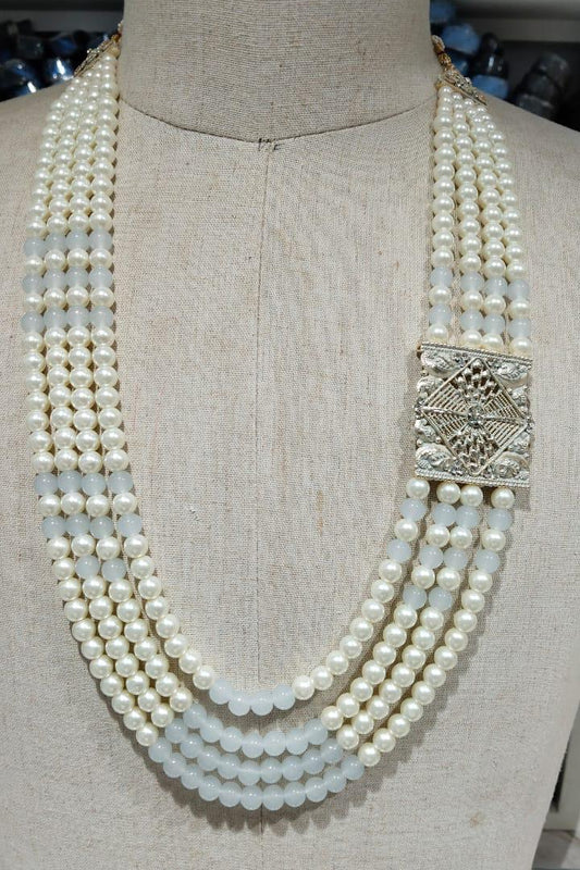 Grey Kantha Kundan Mala | 4 Layered Pearl Necklace with Stone Detailing Brooch | Indian Groom Sherwani Jewelry