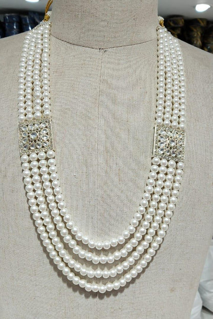 Golden Attire | Off-White Groom Mala Necklace | 4-Layered Pearl Mala with Stone Brooch & Kantha Detailing | Sherwani Jewelry