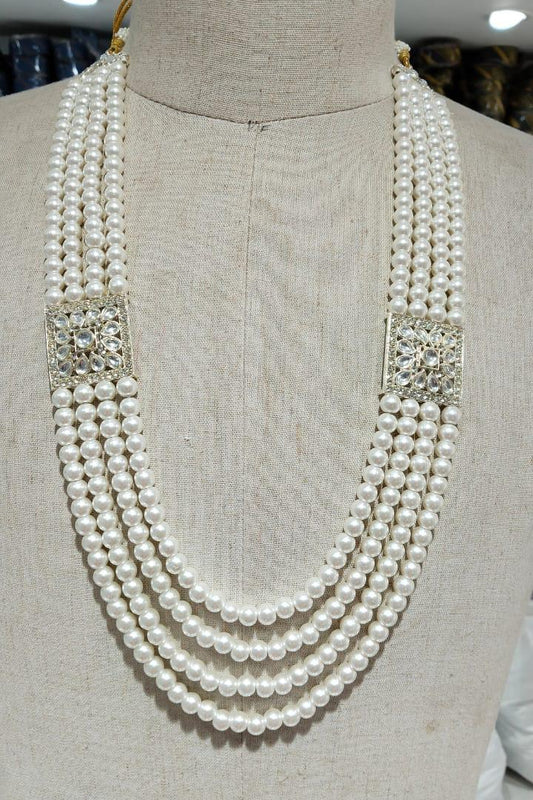 Golden Attire | Off-White Groom Mala Necklace | 4-Layered Pearl Mala with Stone Brooch & Kantha Detailing | Sherwani Jewelry