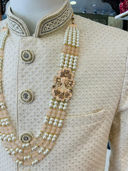 Peach & Pearl Majesty 4 Layer Indian Groom Mala with Kantha Brooch & Stone Detailing | Sherwani Necklace