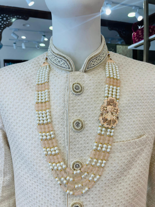 Peach & Pearl Majesty 4 Layer Indian Groom Mala with Kantha Brooch & Stone Detailing | Sherwani Necklace