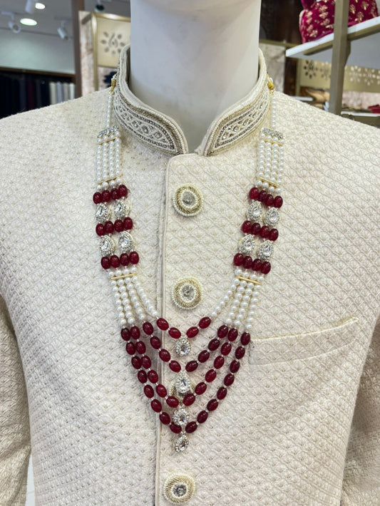 Golden Attire Maroon Indian Groom Mala | 4-Layered Pearl Necklace with Stone Detailing & Brooch | Kantha Style Sherwani Jewelry