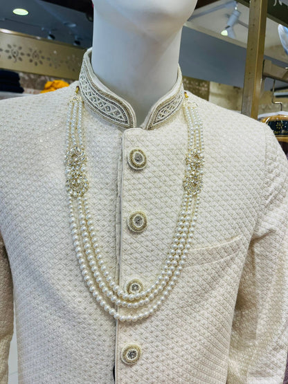 Indian Groom Mala 3 Layered Pearl Necklace with Stone Detailing | Off White Kantha Style | Golden Attire