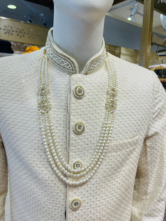 Indian Groom Mala 3 Layered Pearl Necklace with Stone Detailing | Off White Kantha Style | Golden Attire