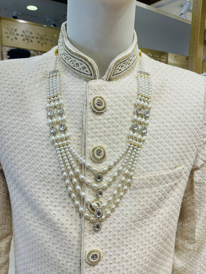 Ivory Pearl Groom Necklace | 4-Layer Kantha Mala with Stone Detailing | Sherwani Jewelry | Golden Attire