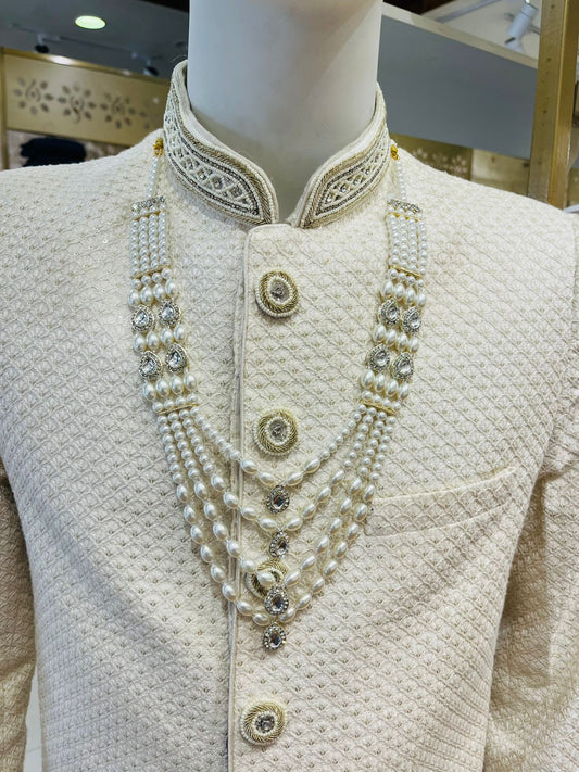 Ivory Pearl Groom Necklace | 4-Layer Kantha Mala with Stone Detailing | Sherwani Jewelry | Golden Attire